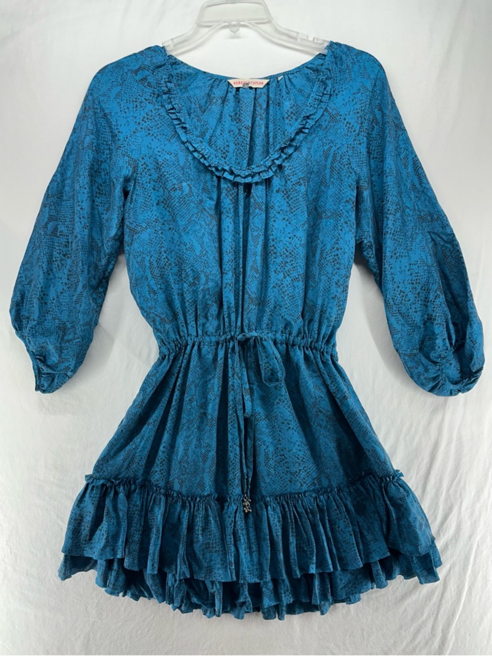 Rebecca Taylor Dress Python Print 3/4 Sleeve Silk Tie Waist Ruffle Blue Size 8 - Picture 2 of 9